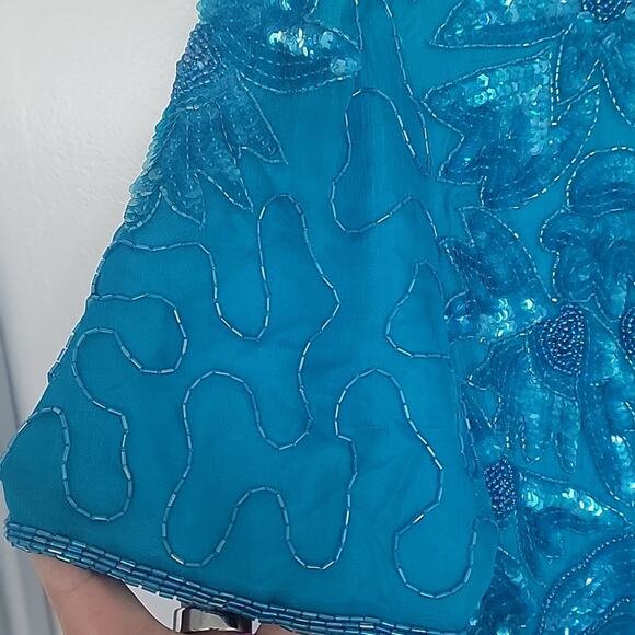 NWT Swee Lo Vintage 80s Deadstock Silk Beaded Turquoise Dress, L (10-12) - Picture 9 of 11